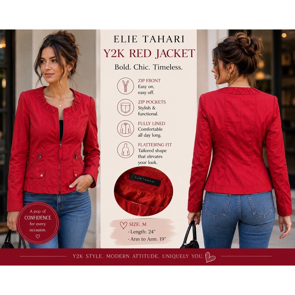 Elie‎ Tahari Red Y2K Zip Front Jacket Ruched Collar Lined Medium ED0CA100